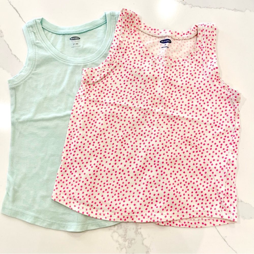 OLD NAVY - SET OF 2 - Kids Sleeveless Tank Tops - aqua & Pink Polka Dot 3T - Picture 2 of 5